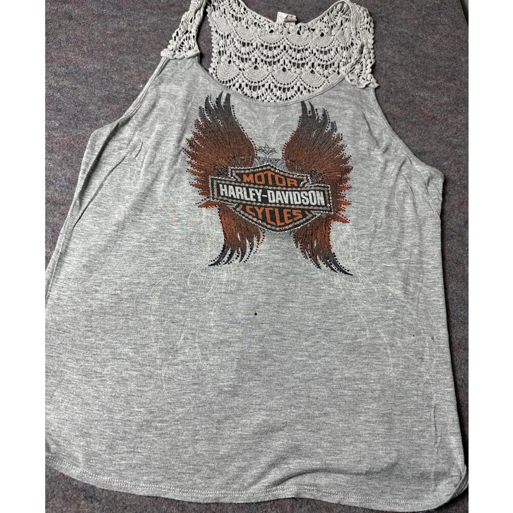 Harley-Davidson Y2K Bling Grey Tank Top Woman’s Rhinestone Biker Size XL? Wings